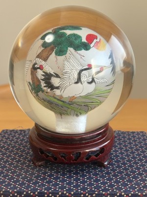 Reverse Painted Heavy Glass Sphere Chrystal ball Crane pine Vintage