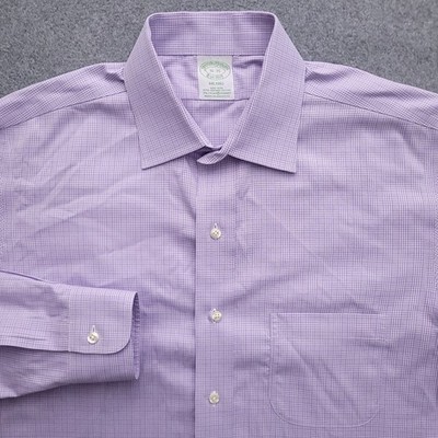 Brooks Brothers Dress Shirt Mens 16 35 Milano Fit Non Iron Stretch Purple Plaid