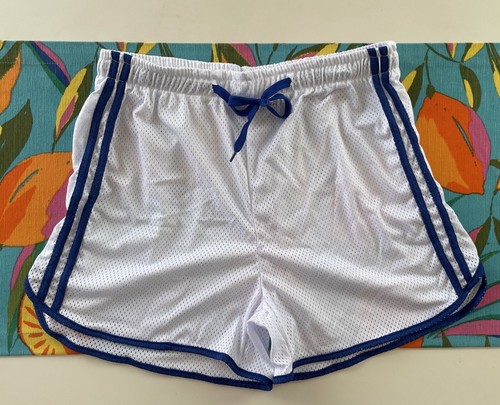 Pantalones Cortos de Gimnasio Para Hombre Blanco y Azul Marino Corredor Rayas Malla Cordón Talla M 3" Entrepierna - Imagen 9 de 16