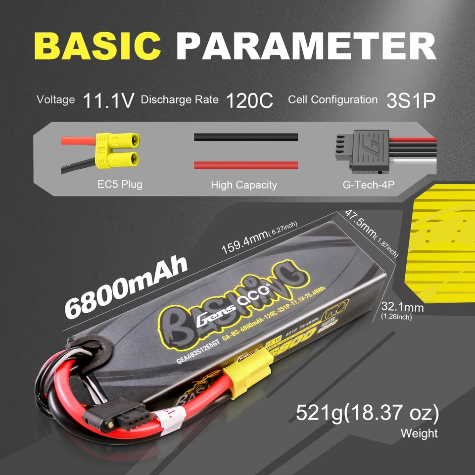 Gens Ace Bashing G-Tech 11.1V 120C 6800mAh 3S Lipo Battery EC5 For RC ARRMA US - Image 3 of 4