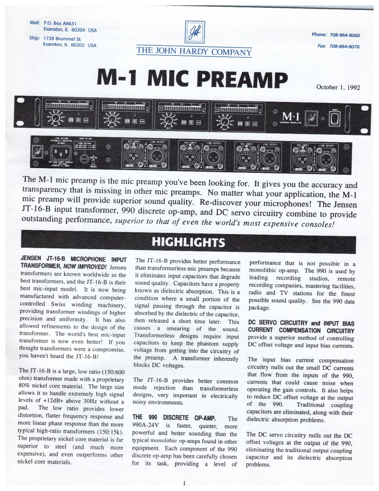 October 1 1992 The John Hardy Company M-1 Mic Preamp Brochure Vintage