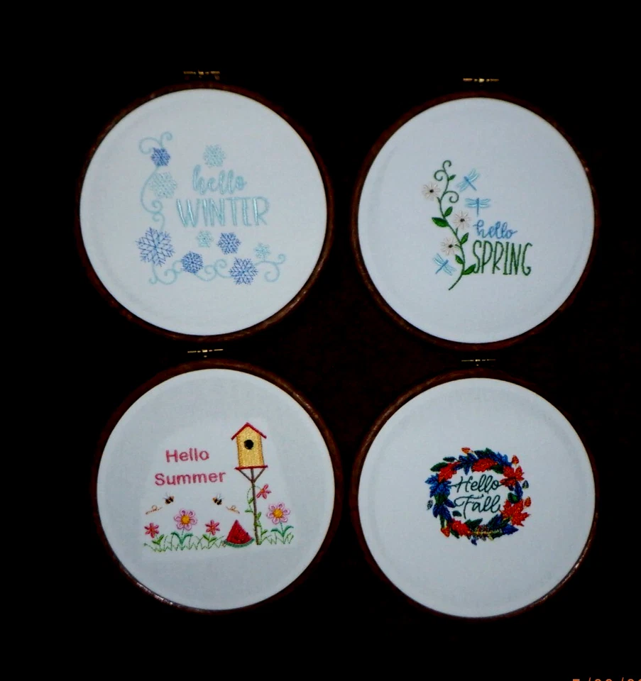 EMBRODERY, 4 SEASONS WITH 6" ROUND FRAMES W/HANGERS HAND/MACHINE EMBROIDERY USA - Image 2 of 3