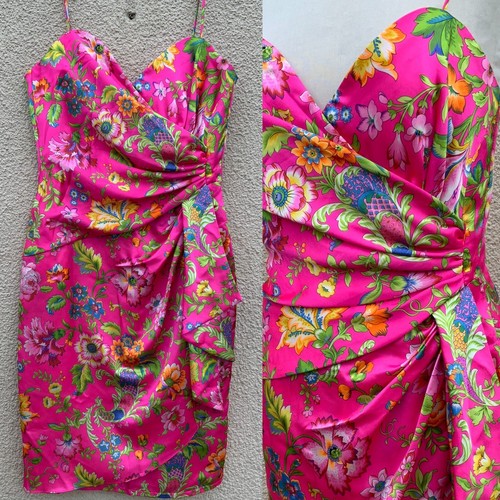 VINTAGE 80’s FRANK USHER PINK FLORAL CORSET WIGGLE DRESS 14 MOB WIFE NEW SEXY