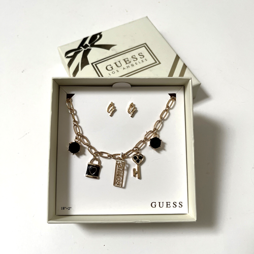 New in Box 2pc GUESS Dangling Charms Necklace & Stud G Earrings Logo Lock Key - Picture 2 of 5