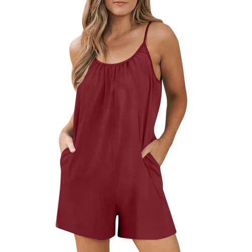 Chic Women Wide Leg Short Rompers Summer Loose Jumpsuits Sleeveless with Pockets - Picture 13 of 20