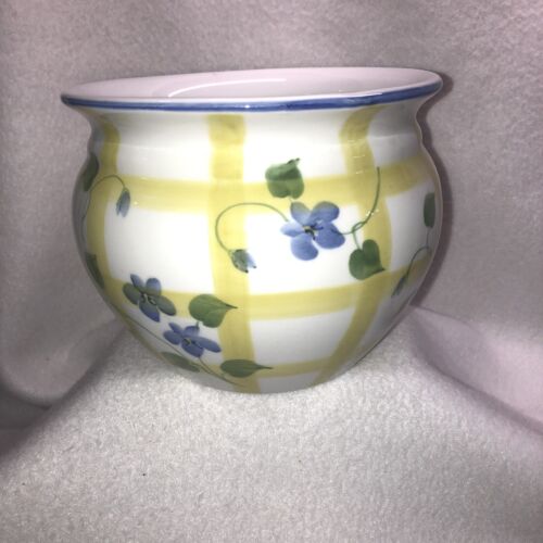 Andrea by Sadek Handpainted Ceramic Planter Yellow Blue Floral Violets Cottage - Picture 1 of 11