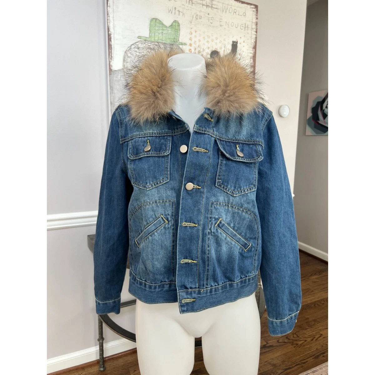 OOLALA Cropped Denim Jean Jacket With Faux Fur Collar Leopard