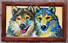 MEG HARPER SIGNED "LOBO SELFIE" #829 18X29 OIL PAINTING ON CABINET DOOR-WOLVES