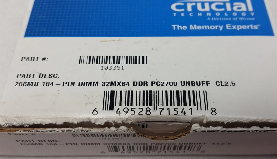 Crucial Memory 256MB DIMM 184 Pin 32MX64 DDR 333 PC2700 Unbuff CL2.5 103351 - Image 4 of 4