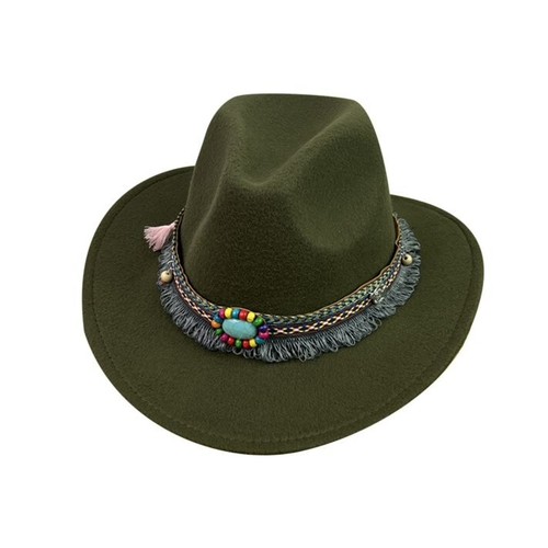 Dark Green Western Cowboy, Cowgirl Hat, Bead Tassle Strap, Men Women Wide Brim - Picture 2 of 2