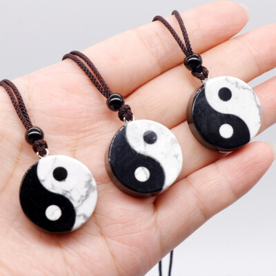 Natural Black Agate White Turquoise Ying Yang Pendant Tai Chi Bagua Necklace