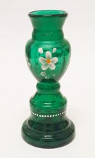 Dark Forest Green Blown Glass Bud Vase w hand painted floral designs