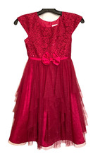 Jona Michelle Dress Girls Sz 8 Burgundy Sequin Lace Tie Bow Christmas Party