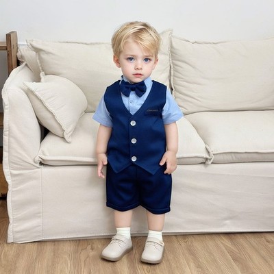Children's T-shirt Shorts Vest Set Formal Clothing Suit Set Neck Tie Decor Sweet