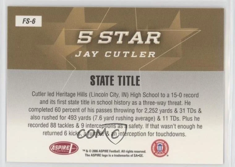 2006 SAGE Aspire 5 Star Jay Cutler #FS-6 Rookie RC - Image 2 of 2