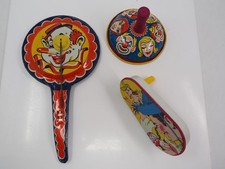 Vintage Tin Litho Noisemaker Lot Kirchhof Clown Spinner Party Toys 3 Pc