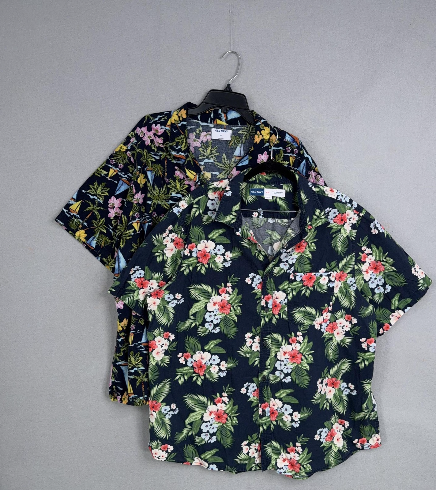Old Navy Shirt Mens 2XL Blue Floral Hawaiian Sailboat Aloha Button Up Lot of 2