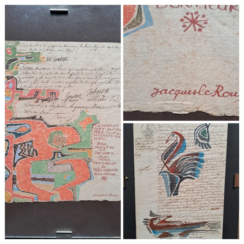 Jacques Le Roux – 2 lettres anciennes enluminées (1808) – œuvres signées 1973/77 - Photo 1/4
