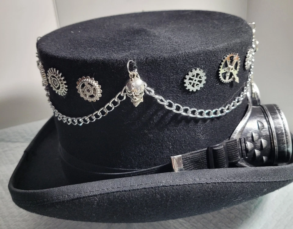 Sombrero de copa victoriano Steampunk adornado negro 100 % lana envío gratuito talla M Foto 3 de 4