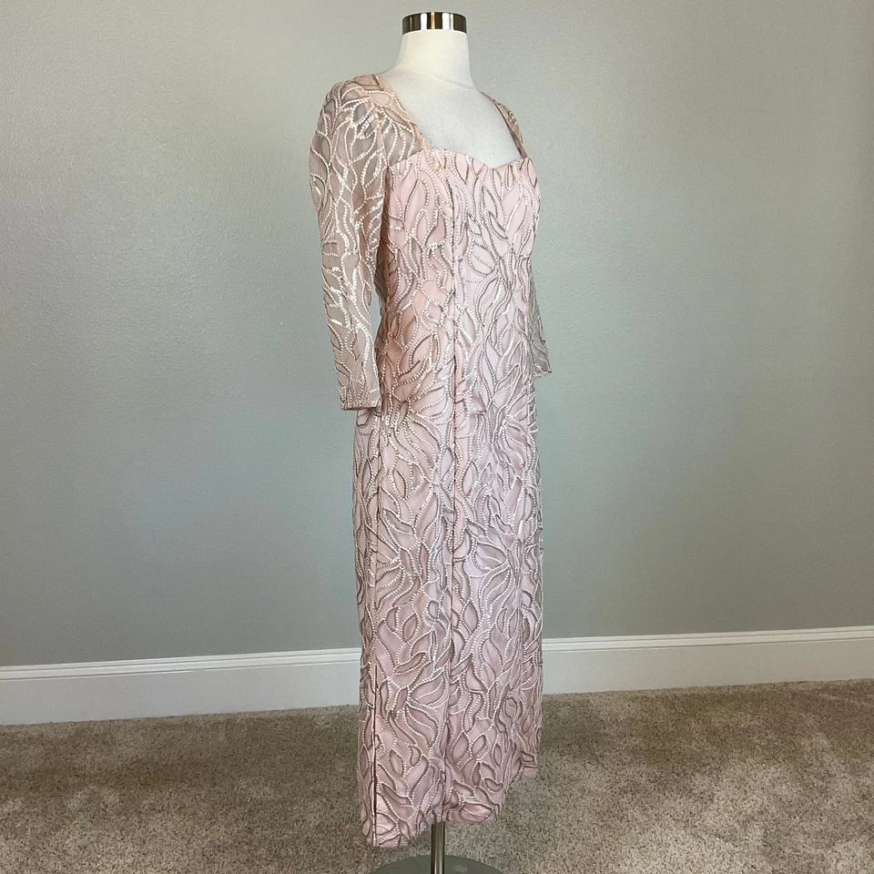JS Collections Women's Formal Dress Size 6 Pink Sequined Long Sleeve Midi Sheath - Image 3 of 4