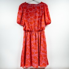 Ann Taylor Women’s Small Floral Puff Sleeve Midi Dress Pink Red Elastic Waist
