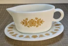 Corelle Vintage Pyrex Gold Butterfly Gravy Syrup Boat & Saucer Handle   c