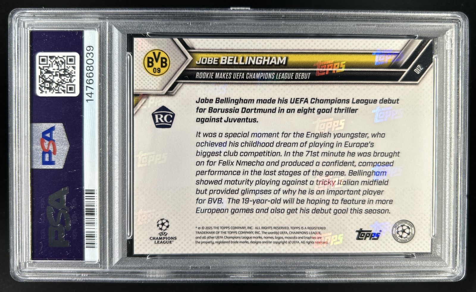 2025-26 Topps Now UEFA Jobe Bellingham Rookie RC #12 Dortmund PSA 10 GEM MINT view 2
