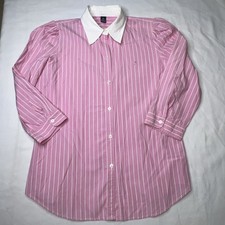 Chaps Women’s 3/4 Puff Sleeve Pink Stripped French Style Dress Shirt Size M