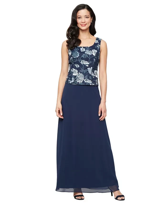 Alex Evenings 海军蓝花卉刺绣模拟两件式礼服 18 码 249 美元 — 第 3/4 张图片