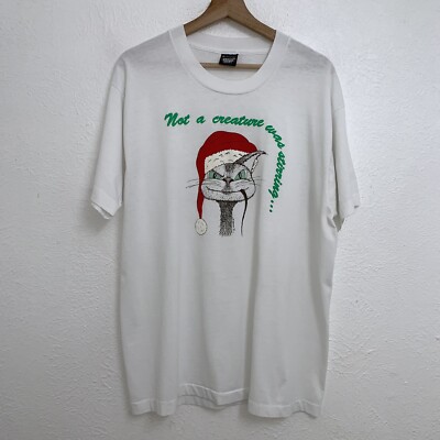 Vintage Christmas Cat Not A Creature Was Storing Tee White T-Shirt 90s Sz XL
