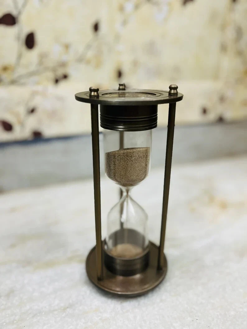 Vintage Hourglass 8" Sand Timer Metal and Glass With Ship Dial