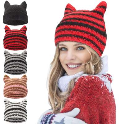 Cute Cat Ear Beanie Cap Cat Knitted Hat Winter Knit Cable Hat for Women Girls