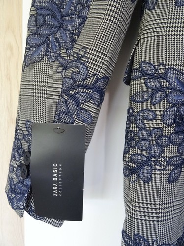 ZARA GREY NAVY CHECKED FLORAL FROCK COAT JACKET SIZE S - Picture 12 of 12