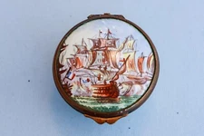 Rare 18th C Battersea Bilston Enamel Patch Trinket Box Navy Battle Warship