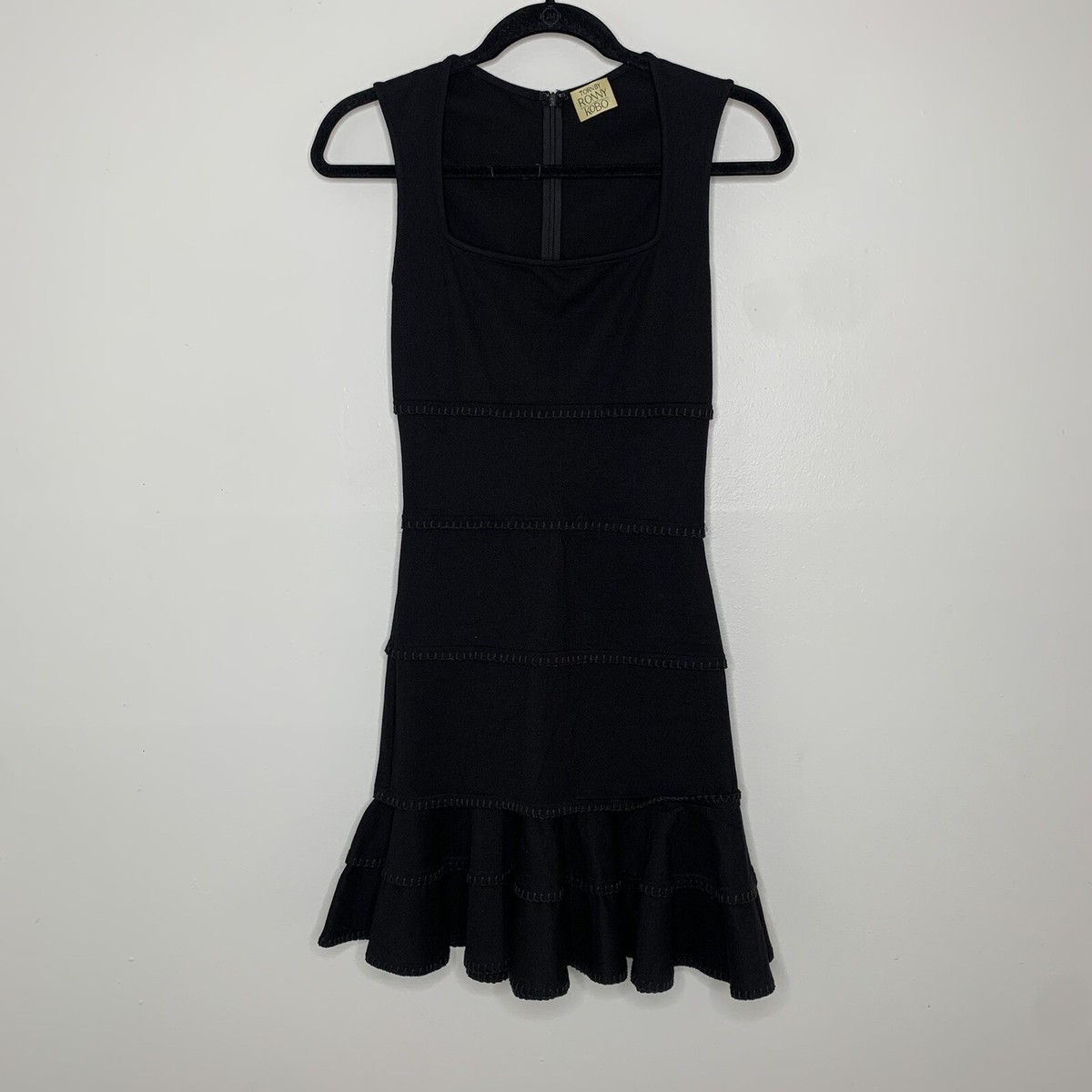 panelled ruffle mini dress in black Lucrezia Black polka-dot print velvet panelled ruffled mini dress, M / Black main image 1
