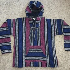 Mexican Baja knit Dark Pink Blue Hippie Hoodie size L pocket acrylic blend