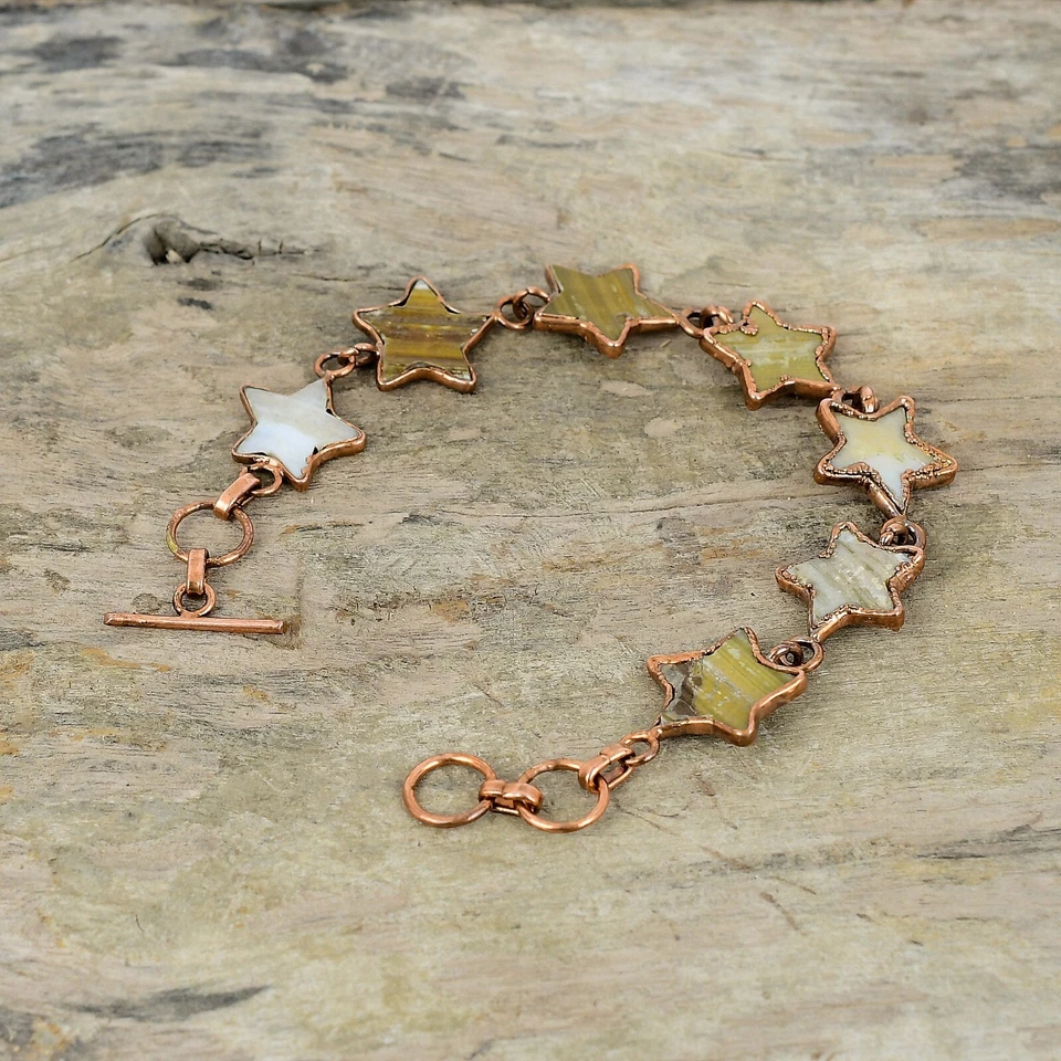 Brazalete de cobre Pentágono madreperla piedras preciosas electroformadas y cadena estrella Foto 3 de 4