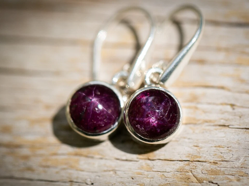 Genuine Round 6 Rays Star Purple Ruby Earrings 925 Silver Ruby Drop Earrings - Image 4 of 4