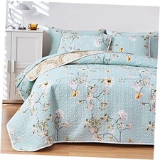 3 Pieces Reversible Floral King 102"x90", 1 Quilt 2 Pillow Shams Floral Aqua
