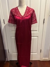Women Burgundy Wine Satin Short Sleeve V Neck Lace Nightgown 4XL 50"Lx25"W