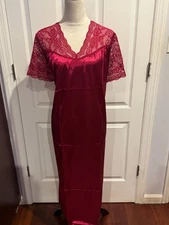 Women Burgundy Wine Silky Short Sleeve V Neck Lace Nightgown 3XL 50"Lx24"W