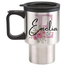Women's Pink Floral Name Stainless Steel Travel Mug Present Mum Grandma Birthday