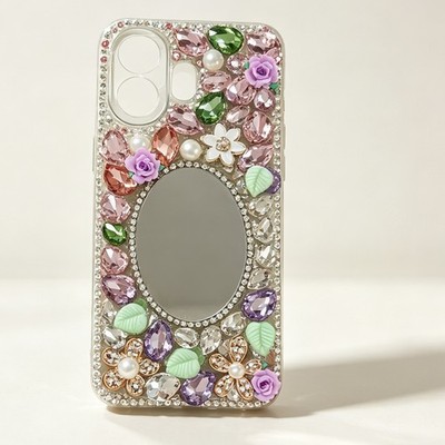 Girly Luxury Sparkly Crystals Floral Flowers Mirror Protective Women Phone Case