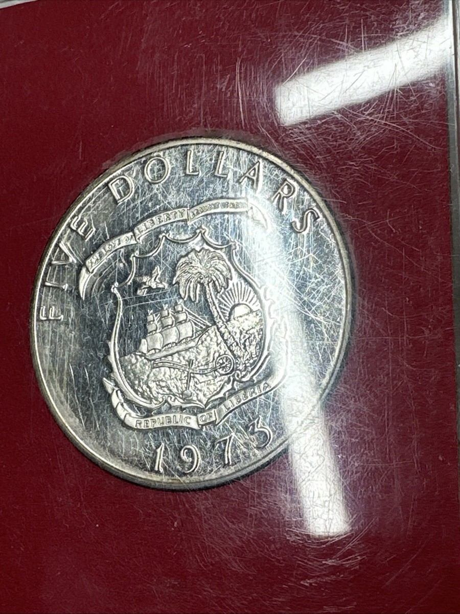 1973 LIBERIA - 5 DOLLARS - ELEPHANT - 1 Oz PROOF SILVER CROWN - US