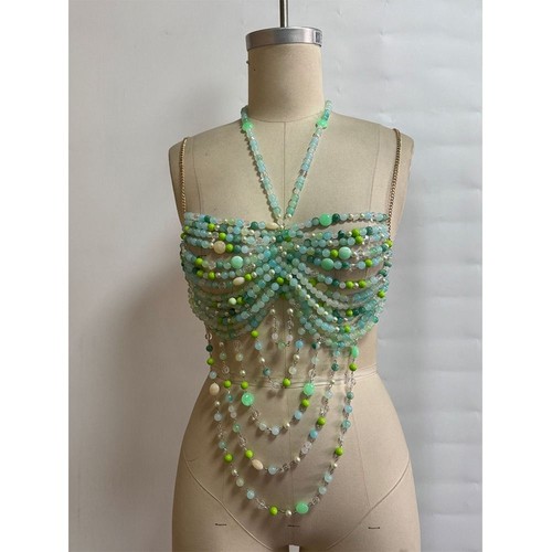 Crop Outerwear Beaded Halter Top Beachwear Gemstone Body Chain for Women - Picture 6 of 8