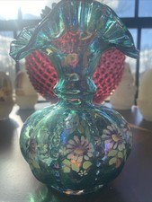 Exquisite Fenton Teal Iridescent Carnival Beaded Melon Vase Purple Flower Signed
