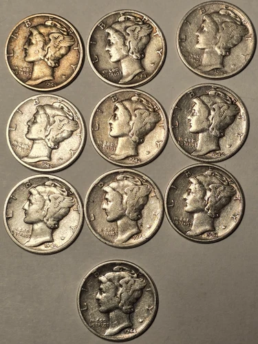 Mercury Dimes Lot of 10 - 90% Silver - 1930's to 1940's