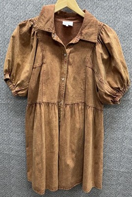 Entro Womens S Burnt Orange Denim Dress Western Pearl Snaps Puff Sleeve  Chambray | eBay