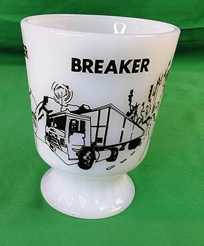 Vtg 1970s Milk Glass Fire King Breaker Breaker Truck Scenery Coffee Mug Rt 76