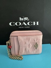 NWT Coach Zip Card Case In Signature Denim With Charm Gold/ Light Pink